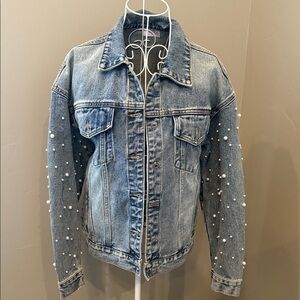 Pink Lily Light Blue Denim Jacket with Pearl Embellishments